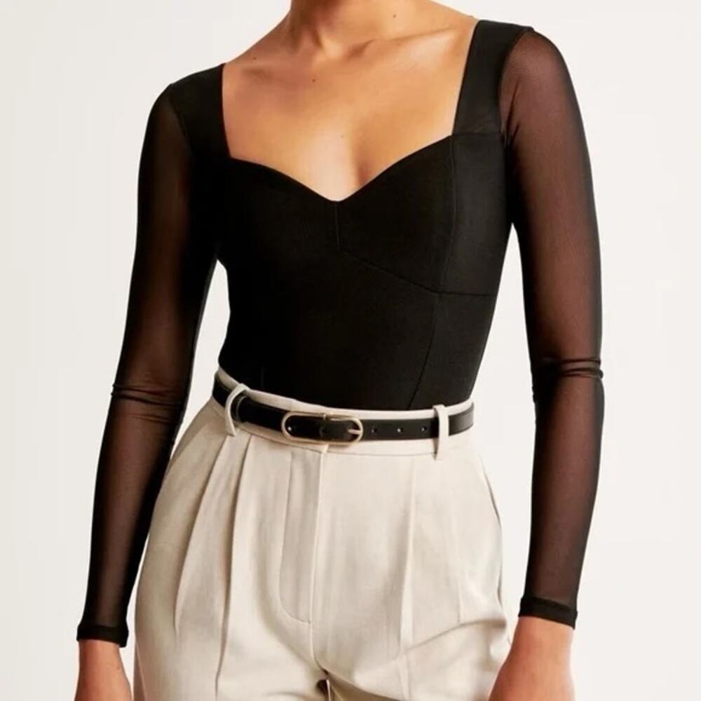 Abercrombie & Fitch Sheer Long Sleeve Sweetheart Neck Bodysuit Black XS